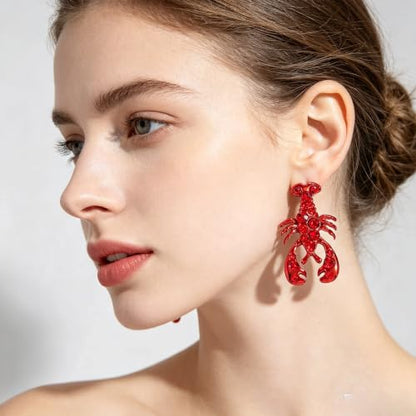 Creative Exaggerated Ocean Animal Drop Dangle Earrings for Women, Bohemia Style Alloy Lobster Octopus Fish Crab Earrings for Summer Beach Holiday Party Jewelry Gifts - style: Red Rhinestone Lobster Earrings-G