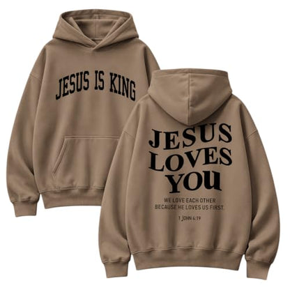 Wrenpies Christian Jesus Love You Hoodie for Men Jesus Is King Faith Religious Bible Verse Hoodies Graphic Fleece Sweatshirt - color: Coffee, size: XX-Large