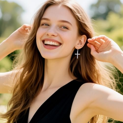 Silver Cross Dangle Earrings for Women 14K Gold Cross Dangle Earrings - color: Silver