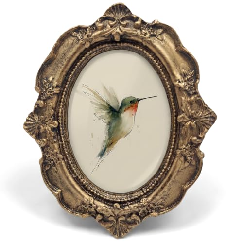 Vintage Hummingbird Small Bronze Oval Picture Frame,Spring Bird Mini Ornate Photo Frame Baroque for Wall Art Decor TableTop Shelf,Rustic Watercolor Framed Artwork Gifts for Home Bedroom 4x5in - color: little bird