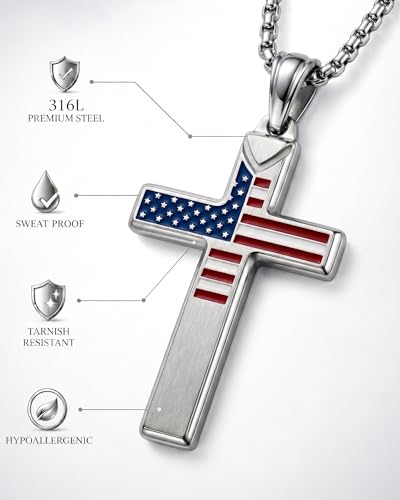 American Flag Cross Necklace for Men - color: Elegant Silver