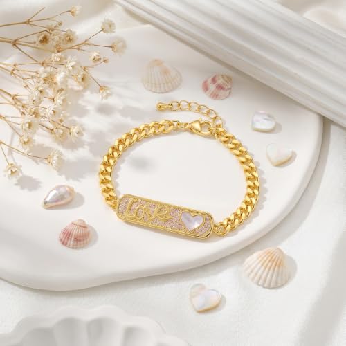 LETFLY Natural Shell Bracelets for Women, 14K Gold Plated Butterfly/Lips/Cross/Heart Charm Adjustable Cubic Zirconia Cuban Link Chain, Dainty Trendy Handmade Jewelry Gifts - style: Style F
