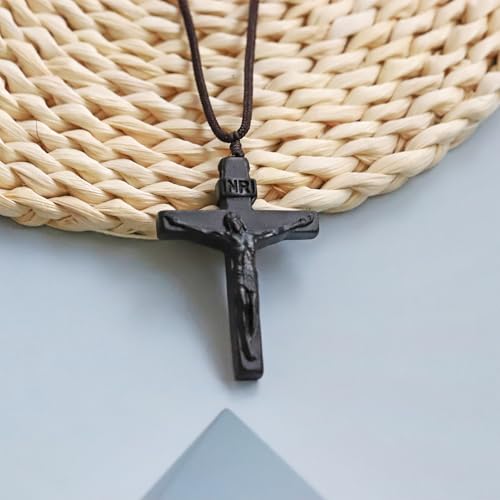 Rnivida Natural Wooden Crucifix Cross Necklace for Men - Handmade Adjustable Rope Chain with Large Religious Pendant, Catholic Christian Spiritual Jewelry Gifts - color: Black