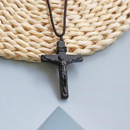 Rnivida Natural Wooden Crucifix Cross Necklace for Men - Handmade Adjustable Rope Chain with Large Religious Pendant, Catholic Christian Spiritual Jewelry Gifts - color: Black