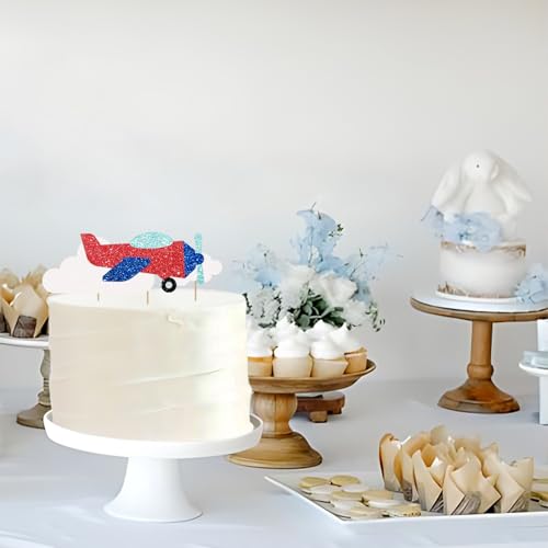 Airplane Cake Topper, Airplane Birthday Cake Decor, Red Glitter How Time Files Cake Topper for Kids, Plane Travel Themed Birthday/Baby Shower Party Decoration - style: Airplane