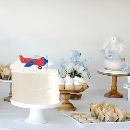 Airplane Cake Topper, Airplane Birthday Cake Decor, Red Glitter How Time Files Cake Topper for Kids, Plane Travel Themed Birthday/Baby Shower Party Decoration - style: Airplane