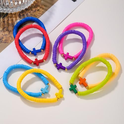 Caiyao 8Pcs Cross Bracelets Bohemian Rainbow Polymer Clay Cross Stretch Bracelets Colorful Stackable Cross Beads Elastic Bracelet for Women Summer Beach Friendship Jewelry Gifts - color: Set B