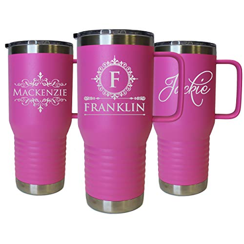 The Wedding Party Store Personalized 20 oz Stainless Steel Powder Coated Vacuum Insulated Double Walled Travel Tumbler Coffee Mug with Handle and Lid (Hot Pink) - color: Hot Pink