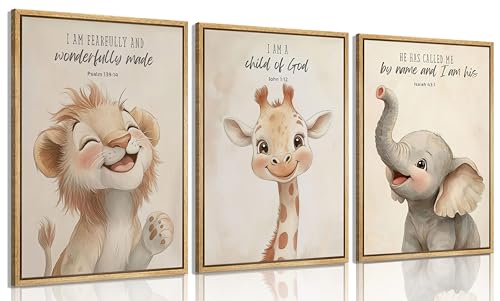 3Pcs Framed Bible Verses Christian Nursery Safari Animals Wall Art Child of God Cute Animals Picture Wall Decor Lion Giraffe Elephant Poster Print Artwork for Kids Boys Girls Room Home Decoration - color: Framed, size: 24L" x 16W"