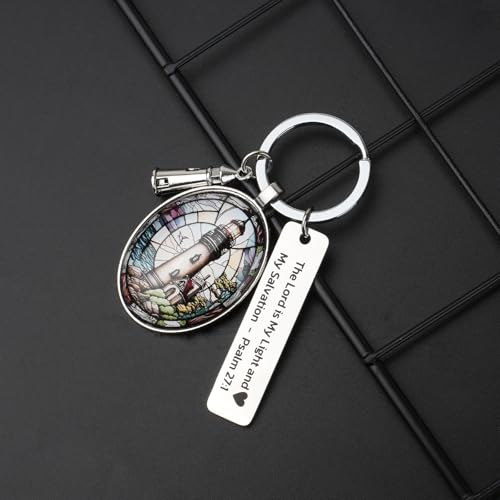 3D Glass Lighthouse Keychain with Bible Verses,Christian Gifts for Women Faith - color: Psalm 27:1