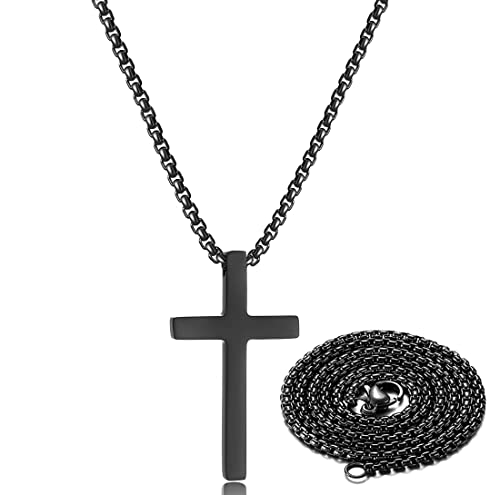 Stocking Stuffers for Teens Christmas New Year Gifts for Men Stainless Steel Cross Necklace for men Silver Cross Necklace for boy cross chain for mens Small Cross Pendant Necklace Simple Jewelry - color: Black:Cross Pendant 1.0'' * 1.7''