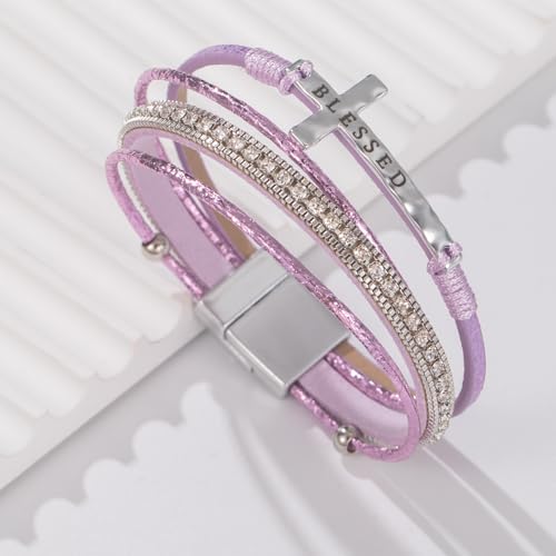 Christian Cross Leather Bracelets Boho Western Blessing Religious Jewelry - color: Purple