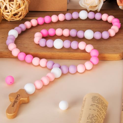 Baby Rosary with Cross, Baptism Gift Baby Rosary for Boy Girl Kids, My First Rosary Catholic Religious Gifts Christian First Holy Communion Party Decorations, Pink Purple - color: Pink Purple