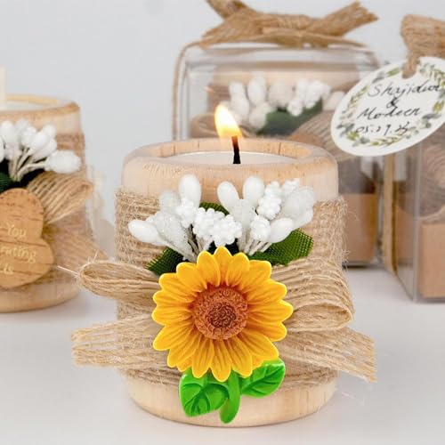 24 Pack Sunflower Wood Tealight Handmade Candle Holders - Wedding, Baby Shower, Baptism Favors & Centerpieces, Cylinder Candles Decorations - size: 24