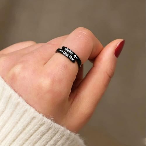 Faith Over Fear Cross Inspirational Rings for Women Daughter, Christian Blessed Hope Love Encouragement Rings Adjustable Open Tiny Purity Wrap Thumb Cross Ring Jewelry Graduation Cocktail Party - color: Black