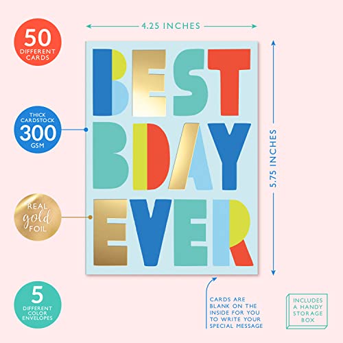 Sweetzer & Orange Happy Birthday Cards with Envelopes and Assortment Box – Variety Set of 50 Assorted Birthday Notes. Perfect Bulk Pack for Celebrations, Office, Friends, Family, and Special Occasions - color: Festive