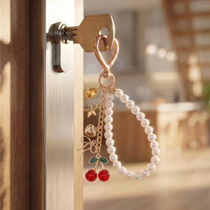 Cute Bag Charms Keychain - Pearl Keyring Wristlet Birthday Gifts - color: Red Cherry