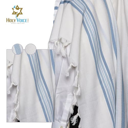 HOLY VOICE 100% Wool Tallit Prayer Shawl Kosher Certified White with Stripes for Men, Made in Israel w/ 100% Wool Tzitzit - color: Light Blue Stripes, size: 51"x73"