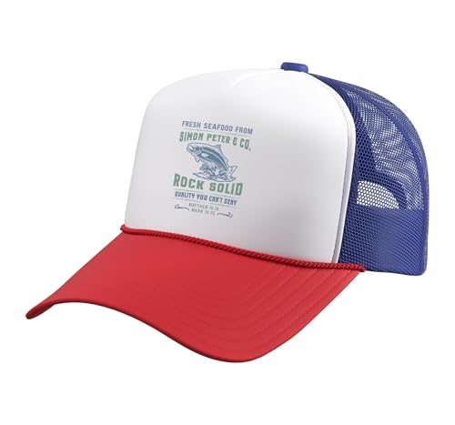 Christian Faith Jesus Simon Peter Funny Seafood Bible Verse Trucker Hat with Adjustable Mesh Back - color: Red/White/Royal Blue
