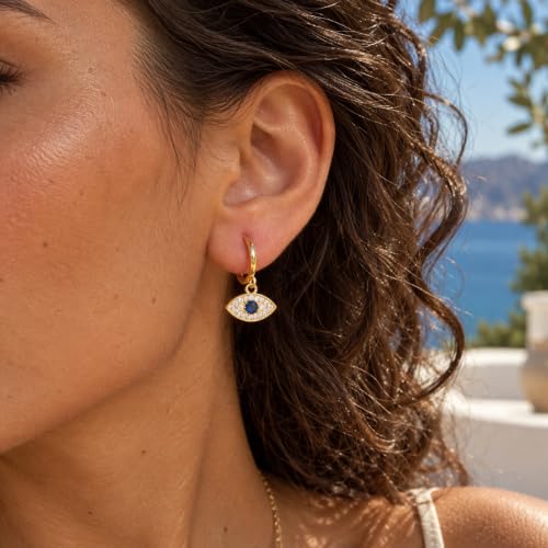 Dangle Earrings for Women, Dainty Huggie Hoop Dangle Earrings - color: Evil Eye 01 Dangle Gold