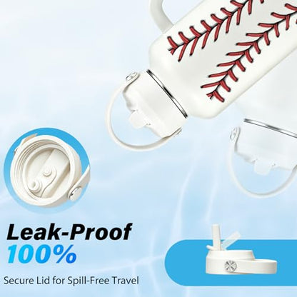 Baseball Gifts for Men Women 64 oz Baseball Water Bottle Insulated with Straw and Handle, Birthday Christmas Gift for Coach Lovers Fan Men - color: Baseball