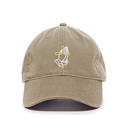 Praying Hands with Cross Baseball Cap Embroidered Cotton Adjustable Dad Hat - color: Khaki