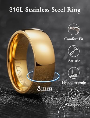 King Will 316L Wedding Band for Men Women, 4-8mm I LOVE YOU Dome Size 4-15 - color: B-Gold-Plated-8mm