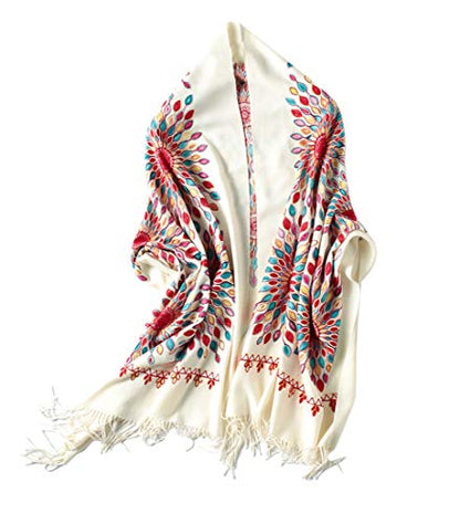 Urban CoCo Embroidered Scarf for Women, Tassel Shawl, Soft Lightweight Wrap - color: Beige