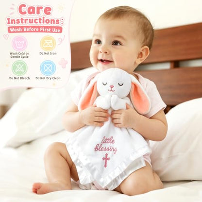 White Bunny Baptism Blanket, Loveys Baptism Gift for Baby Girls - color: White Bunny Pink Ears