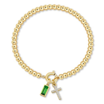Korotho Cross Birthstone Bracelet for Women - Dainty Elastic 14K Gold Plated Bead Bracelets Trendy Waterproof Non Tarnish Birthday Jewelry Gifts Birthday Christmas Stocking Stuffer for Mom Friends - color: 08-August(Peridot)
