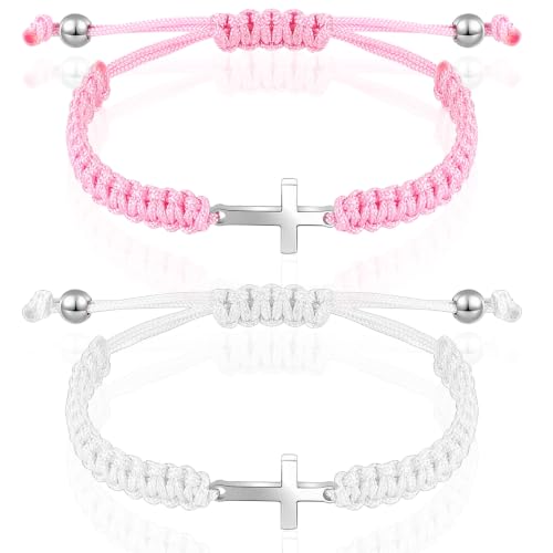 Sureio 2 Pcs Christian Cross Matching Bracelets for Women Men - color: Pink White