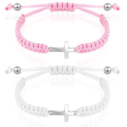 Sureio 2 Pcs Christian Cross Matching Bracelets for Women Men - color: Pink White