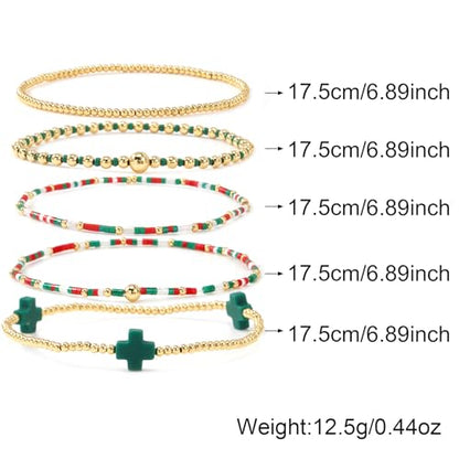 Gold Beaded Bracelets Stack for Women Stackable 14K Gold Plated Beads Ball Cross Bracelet Boho Christian Jewelry Faith Friendship Birthday Gifts for Women - color: red green