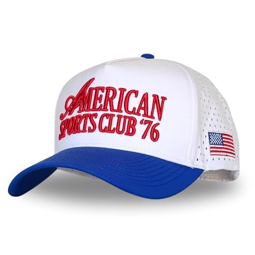 CITRUSY Athletic Trucker Golf Hat | Performance Mens 5 Panel Cap | Cool Breathable Waterproof Workout Running Snapback - color: American Sports Club | Blue