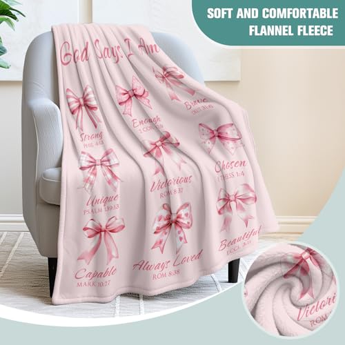 Jekeno Christian Gifts Blanket God Says I Am Pink Bow Scripture Blanket - color: God Says I Am, size: 50x60 Inch