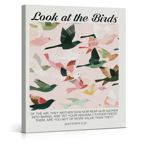 Christian Birds Bible Verse Wall Art Decor Scripture Look at the Birds Print Picture Painting Religious Wall Decor for Prayer Room Home 8x10 Inch Canvas Framed - color: color-N