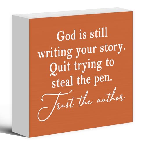 God Is Still Writing Your Story Orange Wood Box Sign Desk Decor 5X5, Christian Scripture Bible Verse Prayer Room Block Sign Decorations for Home Office Wall Tabletop Shelf Decor - color: Colour 07, size: 5 x 5 in