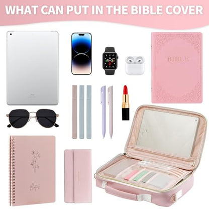 KOPKOFT Bible Cover Case for Women, Large Chenille Letter Leather Bible Case with Bible Study Accessories, Bible Study Supplies Bible Journaling Kit, Christmas Christian Gift for Women Girls (Pink) - color: Pink