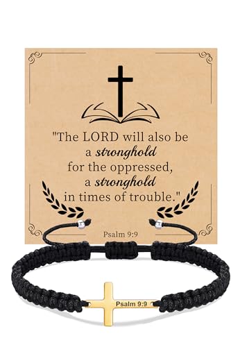 Christian Gifts Cross Bracelet for Men Easter Baptism Religious Gifts for Women Handmade Braided Bracelets Inspirational Confirmation Gifts for Teenage Girl Boys Jewelry - color: Gold, style: Psalm 9:9