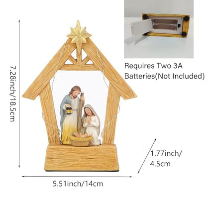 7.3'' Nativity Sets with Lights, Hand Painted Resin Holy Family Statues Manger Nativity Scene for Christmas Indoor Decorations(No Battery Included)