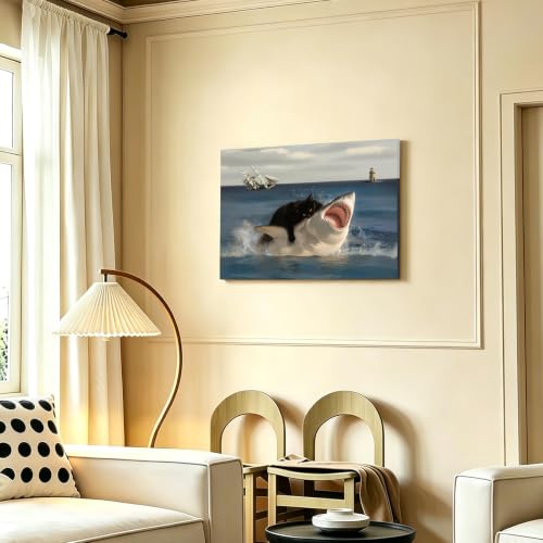 PYOYGU Funny Cat Wall Art, Black Cat Riding Shark, Quirky Canvas Wall Art - color: Cat&Shark, size: 16"L x 12"W