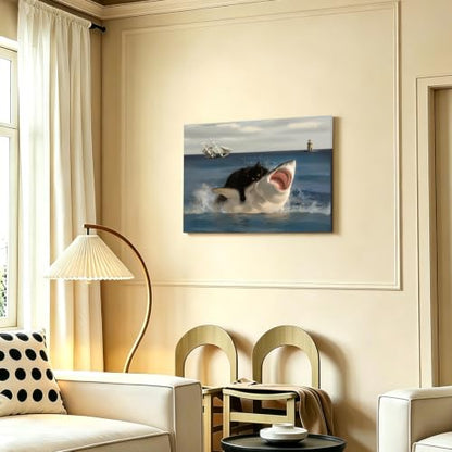 PYOYGU Funny Cat Wall Art, Black Cat Riding Shark, Quirky Canvas Wall Art - color: Cat&Shark, size: 16"L x 12"W