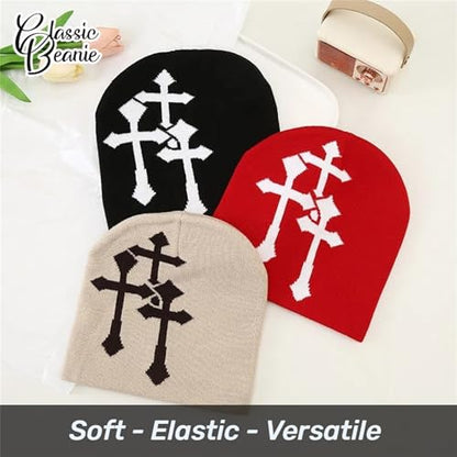 Fashion Knit Beanie with Cross Pattern Y2K Unisex Soft Jacquard Cap Popular Hip-Hop Cool Street Outdoor Sports Earflap Hat - color: Red