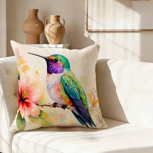 Colorful Tropical Bird Throw Pillow Cover,Watercolor Hummingbird with Pink Flower Decorative Pillow Case,Spring Floral Cotton Linen Cushion Case for Home Decor 18 * 18 Inch - color: Settype11