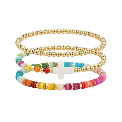 Gold Pearl Beaded Cross Bracelets Stack Set for Women, Boho Handmade Colorful Small Beads Stretchable Jewelry Friendship Summer Trendy Gift. - color: Rainbow Gold White