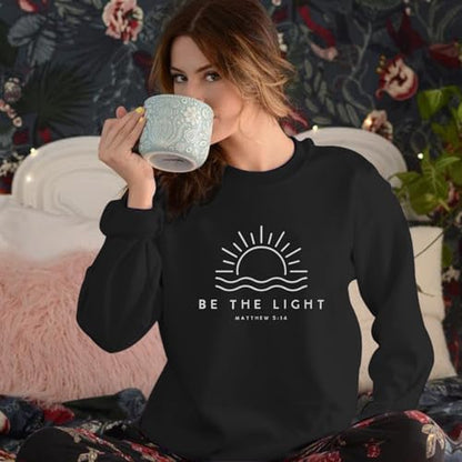 Sulayesh Christian Be The Light Sweatshirts for Women Religious Faith Jesus Bible Verse Graphic Shirts Loose Pullover Tops - color: Black, size: Small