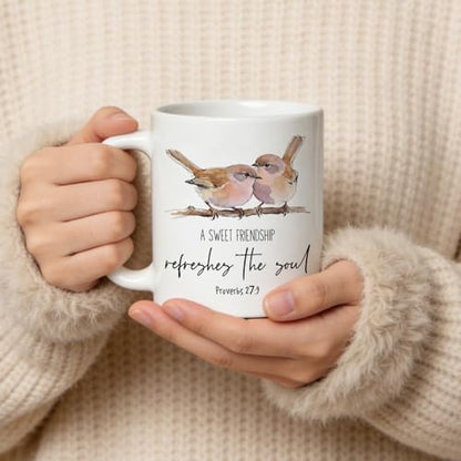 TRENSTIS Bird Christian Friendship Mug, A Sweet Friendship Refreshes the Soul Bible Verse Ceramic Coffee Cup, 11 oz, Best Friend Religious Gifts Coffee Tea Mug