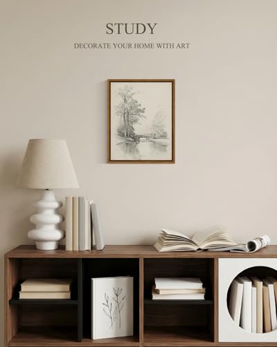 InSimSea Framed Canvas Wall Art, River Bridge Sketch Print, 10x8 Inch - color: Sketch of Trees by a Stream