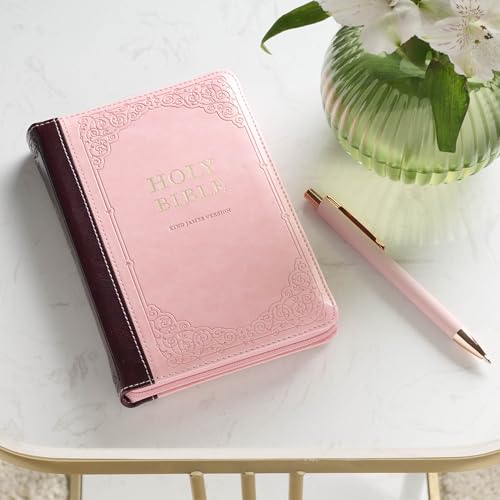 KJV Holy Bible, Compact Faux Leather Red Letter Edition - Ribbon Marker, King James Version, Pink/Burgundy, Zipper Closure (KJV Compact Editions)