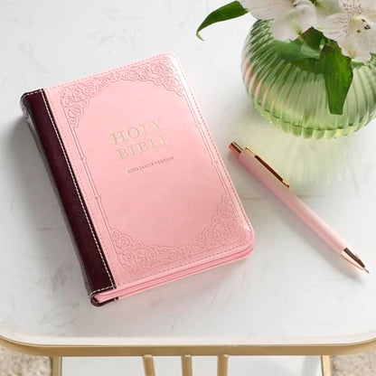 KJV Holy Bible, Compact Faux Leather Red Letter Edition - Ribbon Marker, King James Version, Pink/Burgundy, Zipper Closure (KJV Compact Editions)